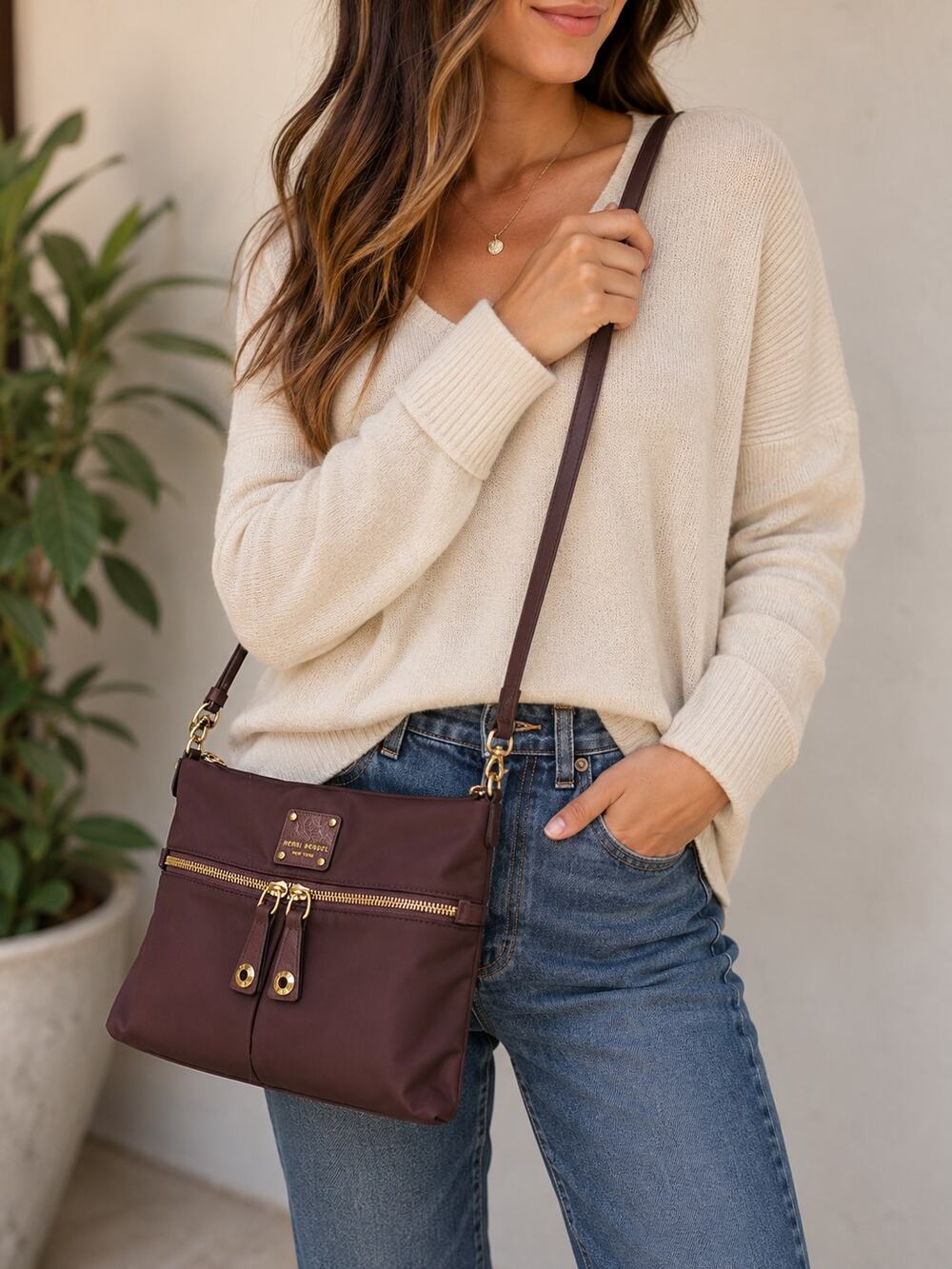 Henri Bendel Nylon Crossbody Messenger Bag Burgundy/Purple Satin Lined Gold HW